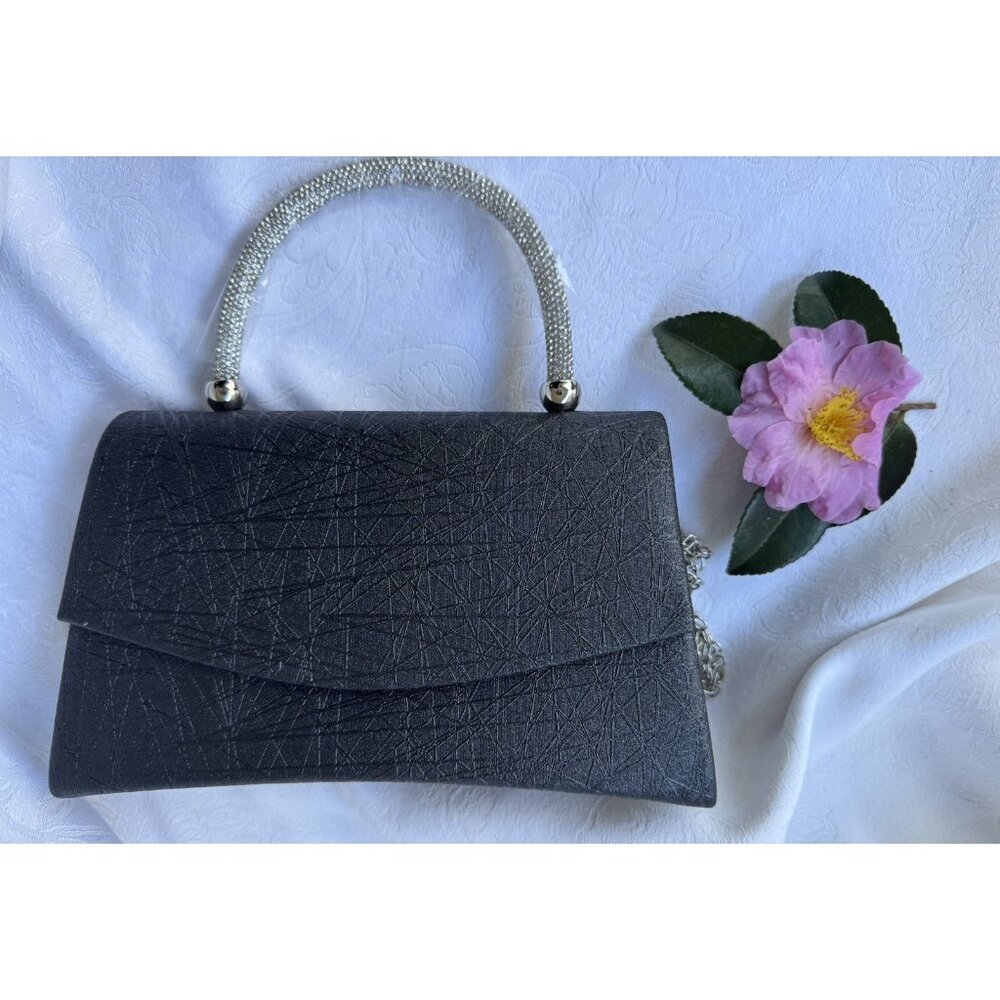 Evening Black Clutch Purse w Chain Silver Crystals Rhinestones Party Formal NEW